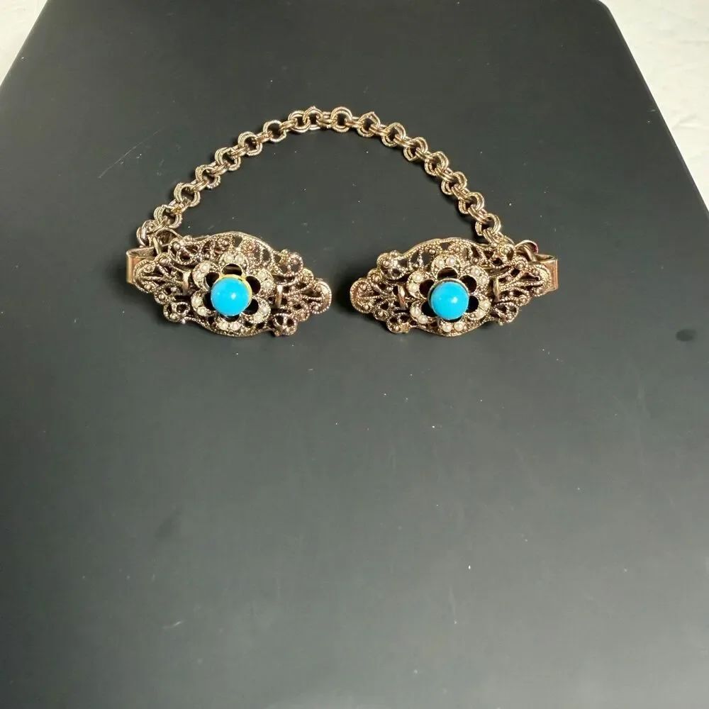 Vintage Gold Tone Sweater Guard Clip Blue Cabochon Faux Pearl 8" Cardigan